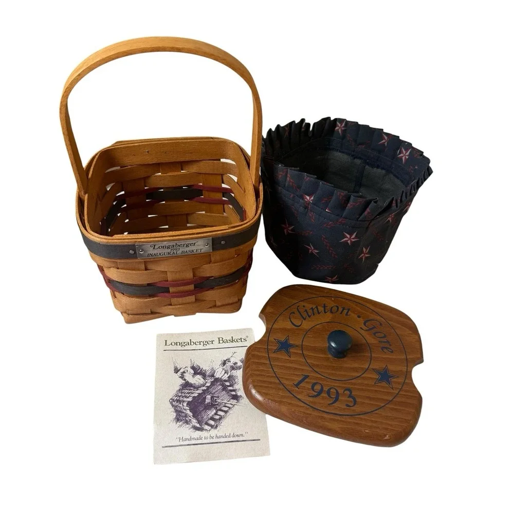 Longaberger 1993 Inaugural Basket Fabric & Plastic Liner Lid Clinton Gore USA